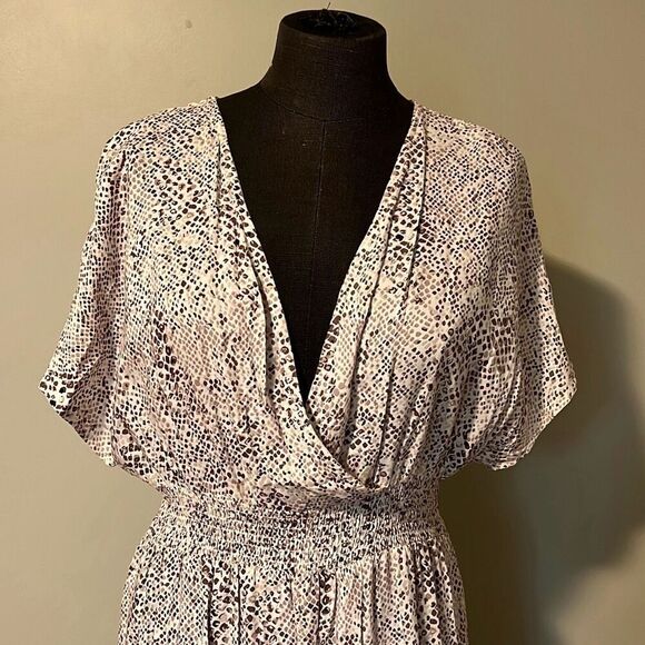 Japna Women's White Brown Faux Wrap Smocked Tiered Maxi Dress Size Medium - Picture 2 of 7